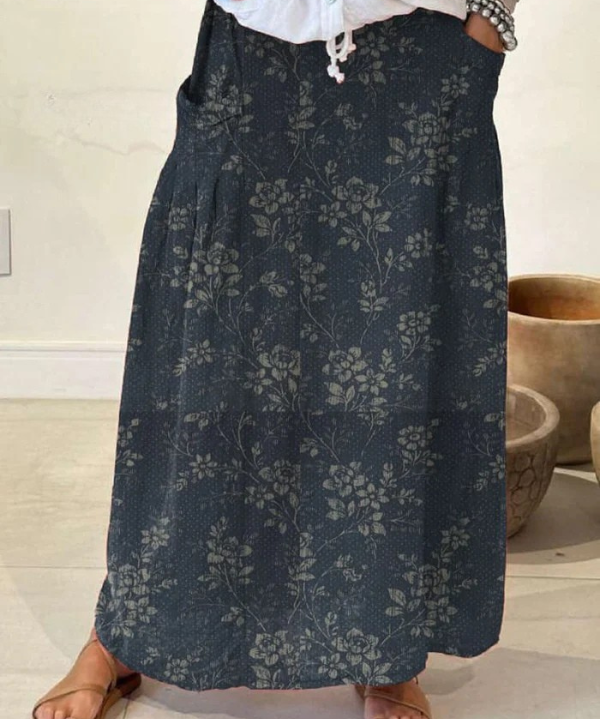 Women's Vintage Floral Linen Elastic waistband Pocket Skirt