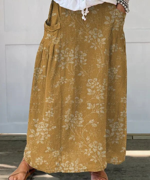 Women's Vintage Floral Linen Elastic waistband Pocket Skirt
