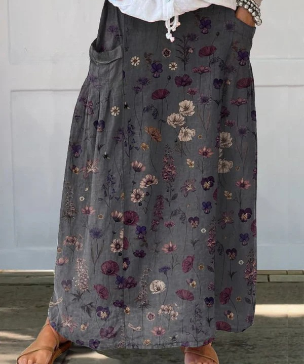 Women's  Flower Art  Print   Linen Pocket Skirt
