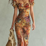 Viola - Long orange chiffon dress with bohemian-style oil painting print