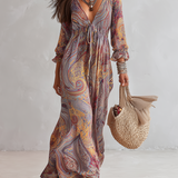 Ash - Paisley Print V-neck Gathered Chiffon Maxi Dress