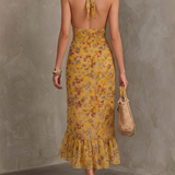 Emma - Ginger Yellow Floral Halter Neck Fitted Waist Chiffon Midi Dress