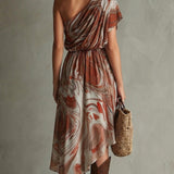 Rosa - Boho One-shoulder Irregular Marble Abstract Print Chiffon Midi Dress