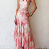 Katty - Pink Floral Chiffon Pleated Print Sleeveless Midi Dress