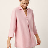 100% Linen Layered Lapel V-neck Sculpted Front Pleat Longline Top ODALYS