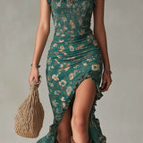 Zara - Retro Boho Maxi Dress with Flowing Sleeves and Side Slit