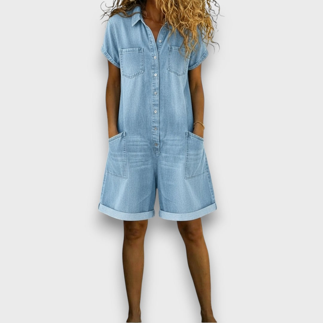 Kate - Vintage Short Jumpsuit in Cotton with Denim Look